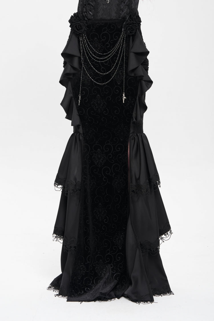 Black Floral Print Lace-Up Rose Chain Women's Gothic Fishtail Skirt - Black - 1
