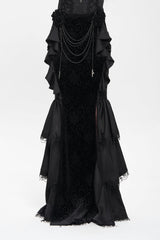 Black Floral Print Lace-Up Rose Chain Women's Gothic Fishtail Skirt - Black - 1