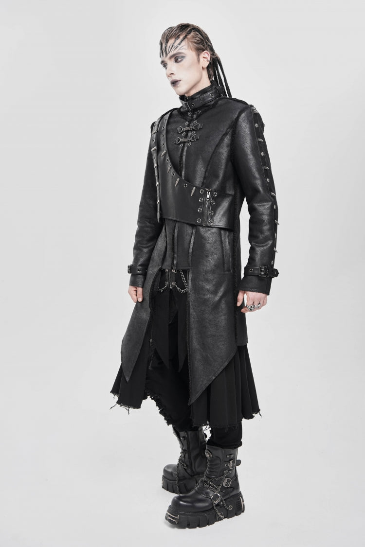 Black Stand Collar Rivet Buckle Zipper Men's Punk Coat - Product - 6