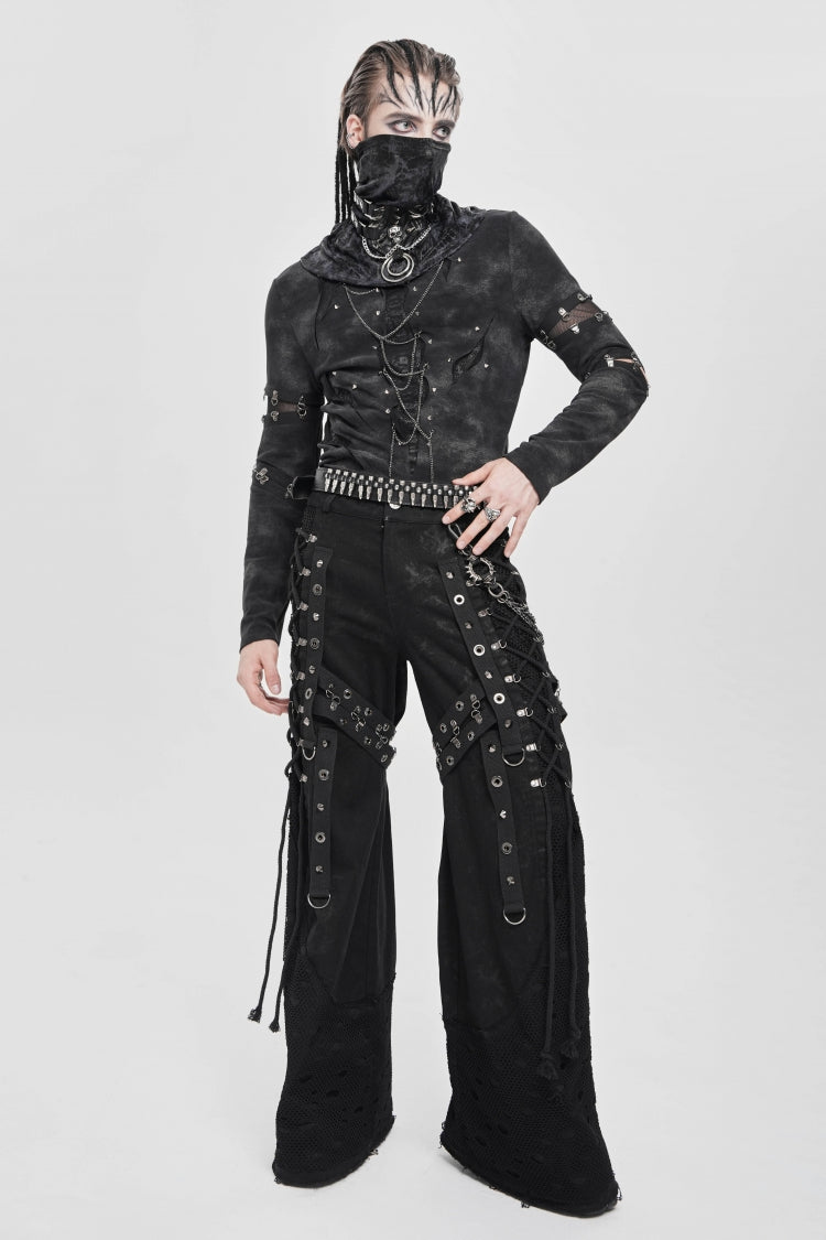 Black Long Sleeves Cutout Rivets Chain Men's Punk Blouse - Product - 9