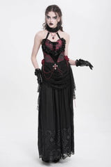 Red Halterneck Sleeveless Embroidery Stitching Rose Heart Lace Women's Gothic Blouse - Product - 11