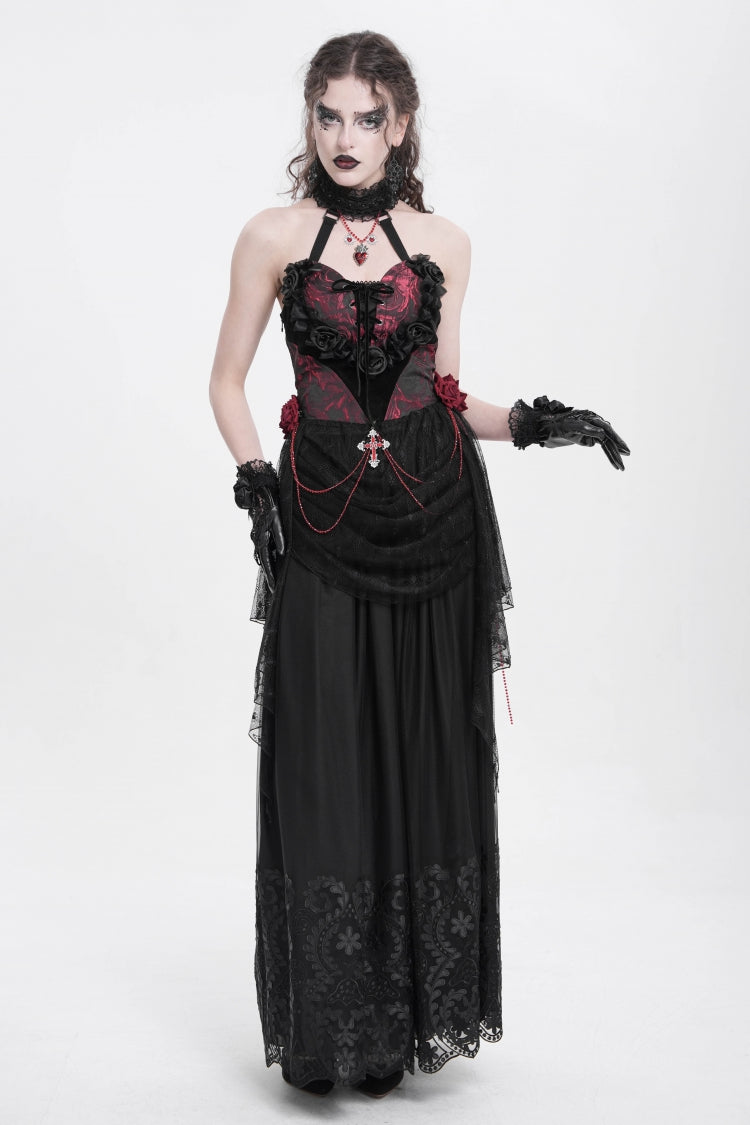 Red Halterneck Sleeveless Embroidery Stitching Rose Heart Lace Women's Gothic Blouse - Product - 11