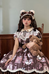 Brown Bear Doll Wall Print Short Sleeves Ruffle Embroidery Bowknot Sweet Lolita Dress - Product - 5