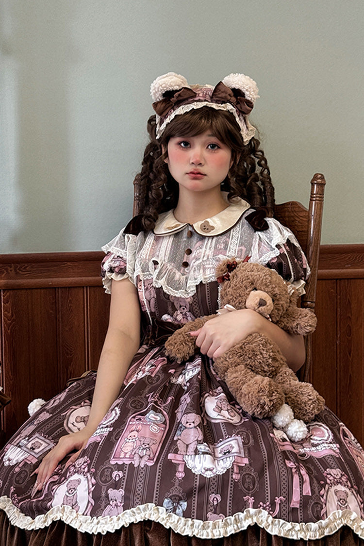 Brown Bear Doll Wall Print Short Sleeves Ruffle Embroidery Bowknot Sweet Lolita Dress - Product - 5