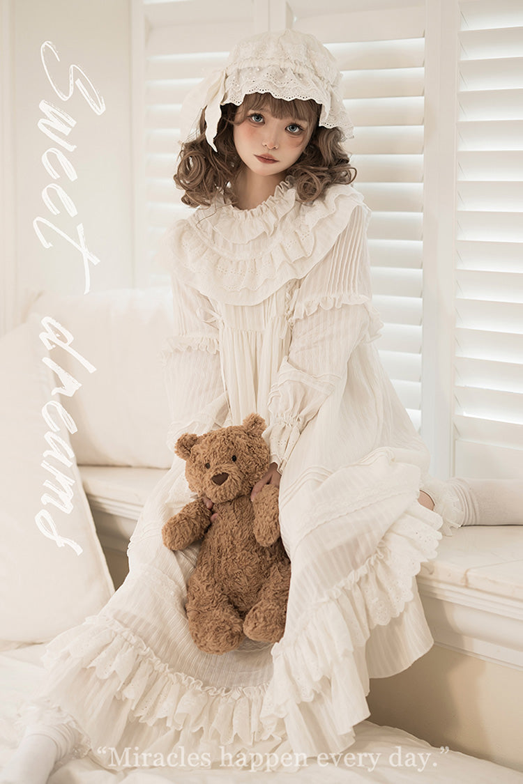 White [Good Night] Long Sleeves Double-Layered Ruffle Bowknot Lace-Up Holy Sweet Lolita Dress - Product - 8