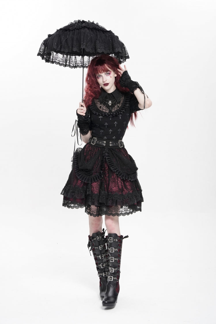 Black/Red Multi-Layered Ruffle Buckle Straps Women's Gothic Skirt - Product - 17