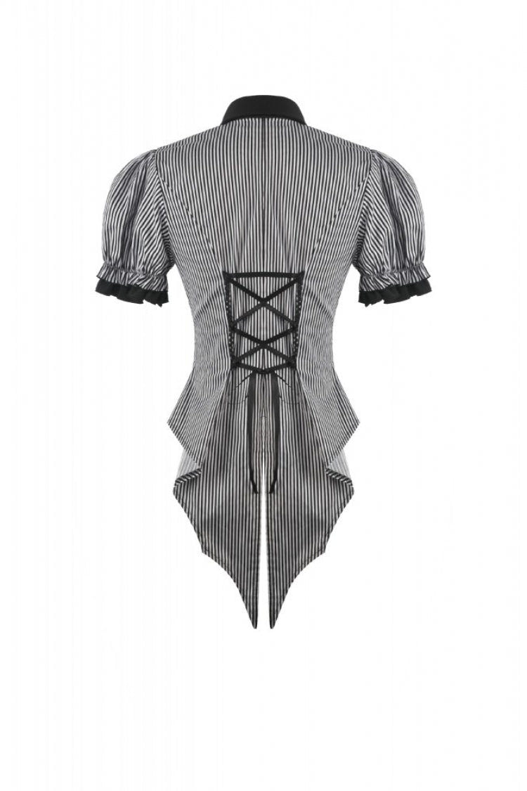 Black/White Pinstripe Short Puff Sleeves Lace-Up Women's Preppy Style Swallow-tailed Blouse with Detachable Tie - Product - 16