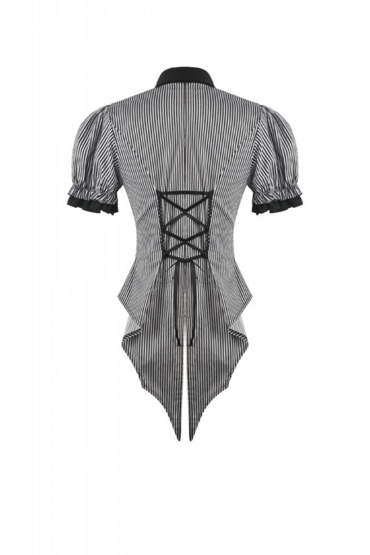 Black/White Pinstripe Short Puff Sleeves Lace-Up Women's Preppy Style Swallow-tailed Blouse with Detachable Tie - Product - 16