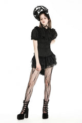 Black Point Collar Short Puff Sleeves Ruffled Women's Gothic Blouse - Product - 11