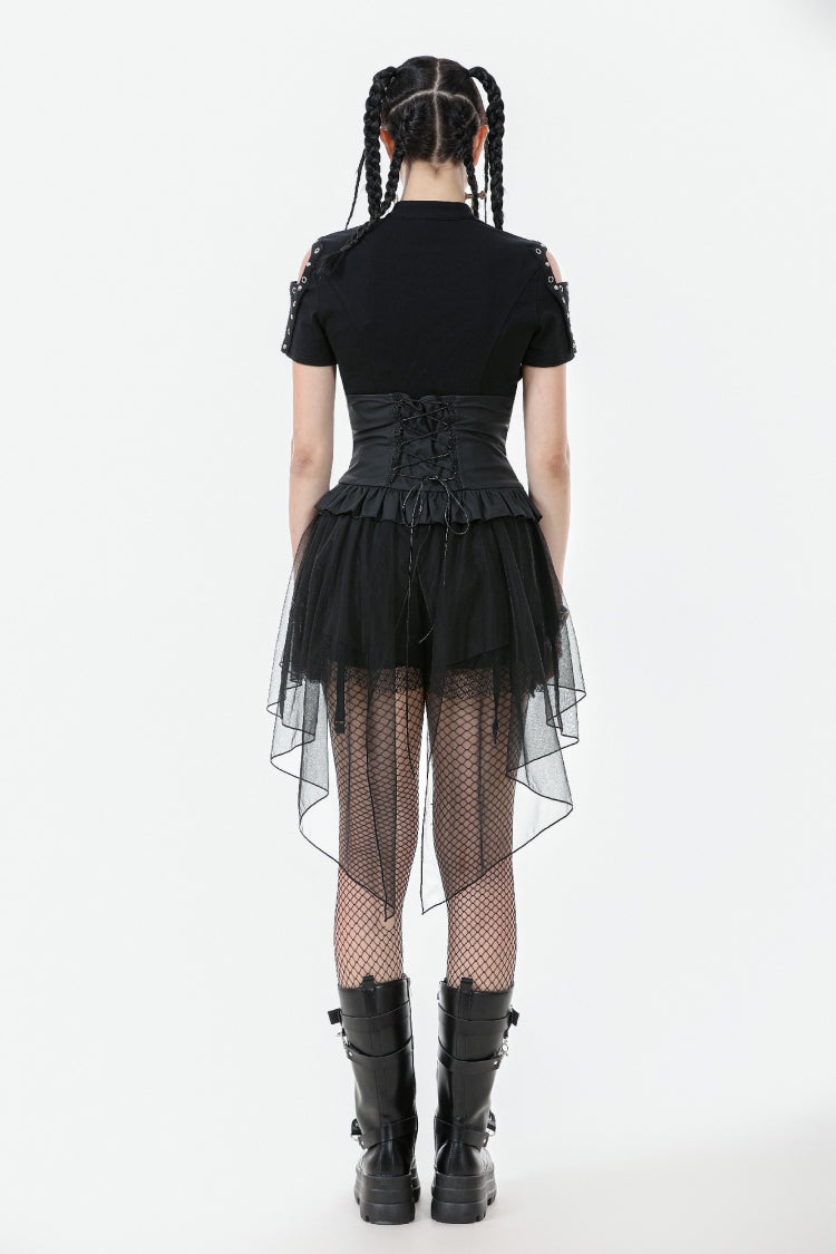 Black High Waisted Lace-Up High/low Mesh Women's Punk Skirt - Product - 2