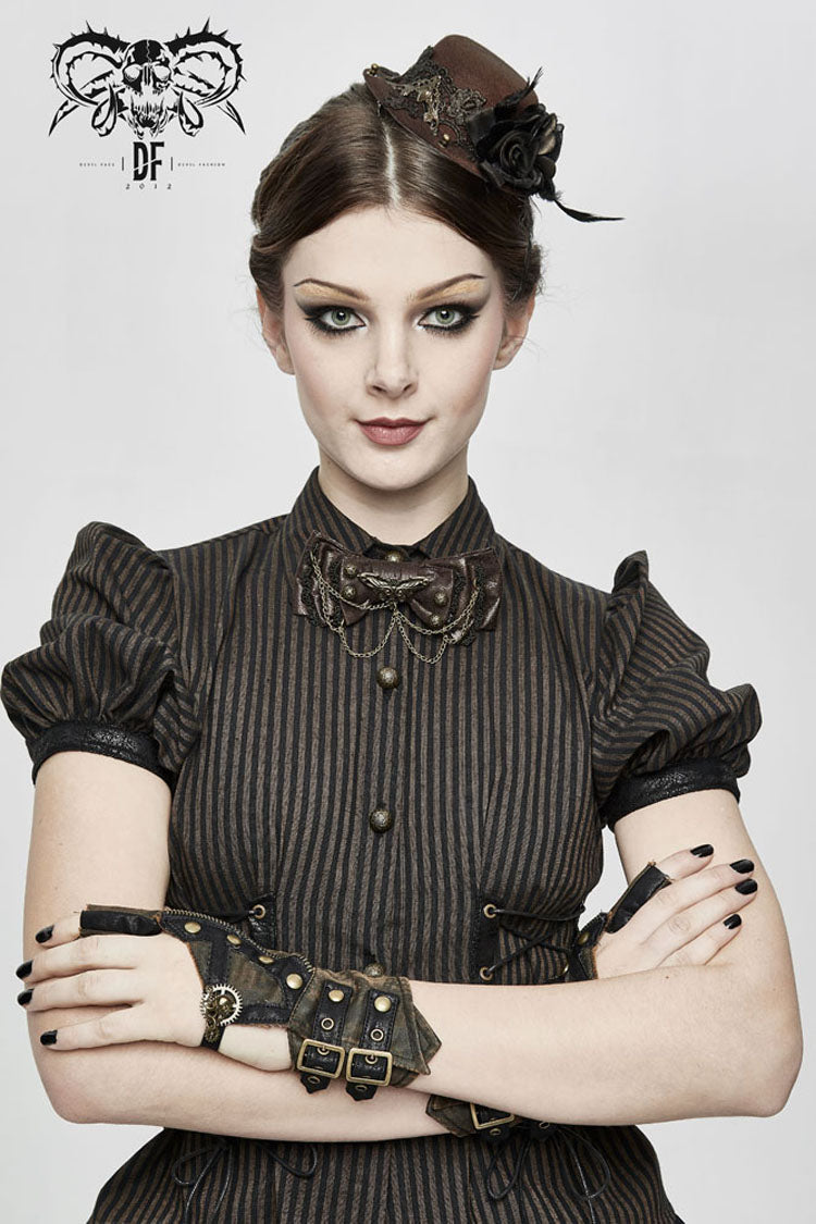 Brown Adjustable Crackled Metal Women's Gothic Decorative Bow Tie - Product - 5