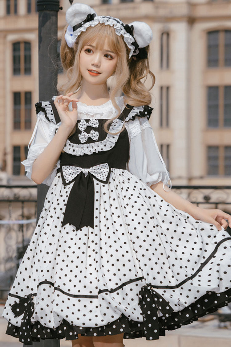 White/Black Polka Dot Print Bowknot Princess Sweet Lolita Suspender Dress - Product - 2