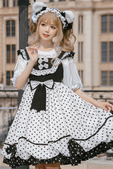 White/Black Polka Dot Print Bowknot Princess Sweet Lolita Suspender Dress - Product - 2