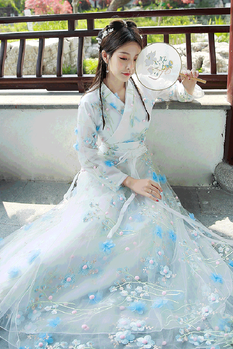 Floral Embroidery Long Sleeved Sweet Hanfu Dress - Product - 4