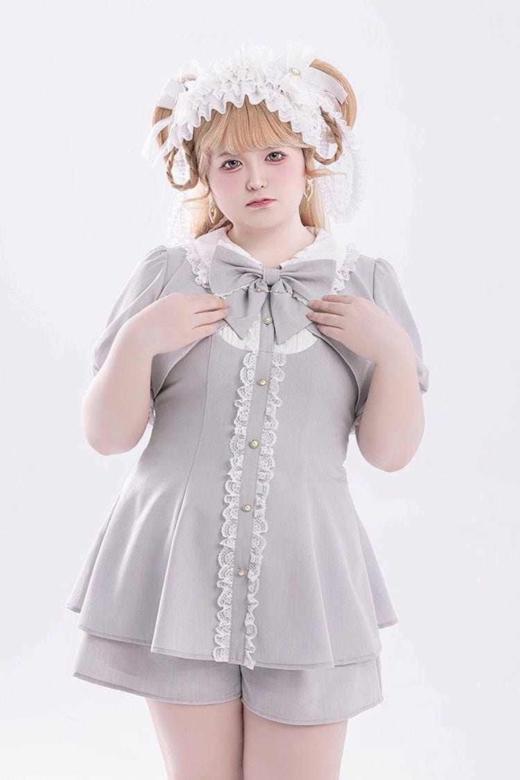 Grey Short Sleeves Ruffle Bowknot Fake Two Pieces Jirai Kei Japanese Dress Shorts - Product - 7