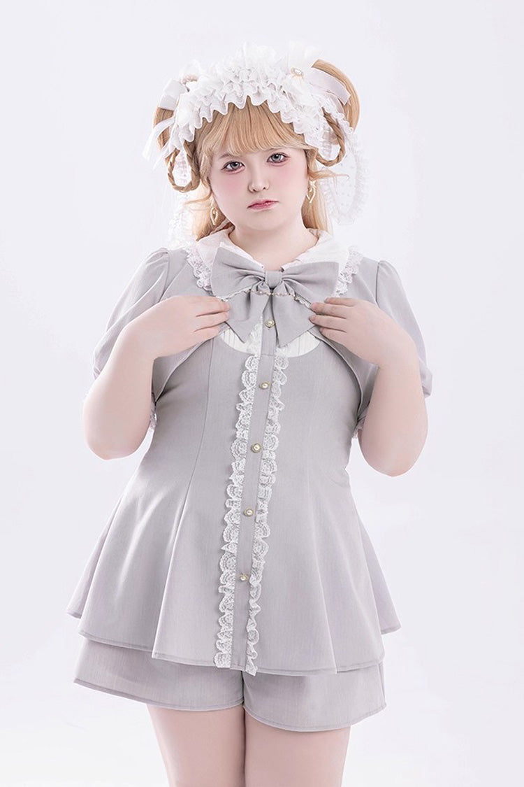 Grey Short Sleeves Ruffle Bowknot Fake Two Pieces Jirai Kei Japanese Dress Shorts - Product - 7