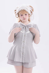 Grey Short Sleeves Ruffle Bowknot Fake Two Pieces Jirai Kei Japanese Dress Shorts - Product - 7