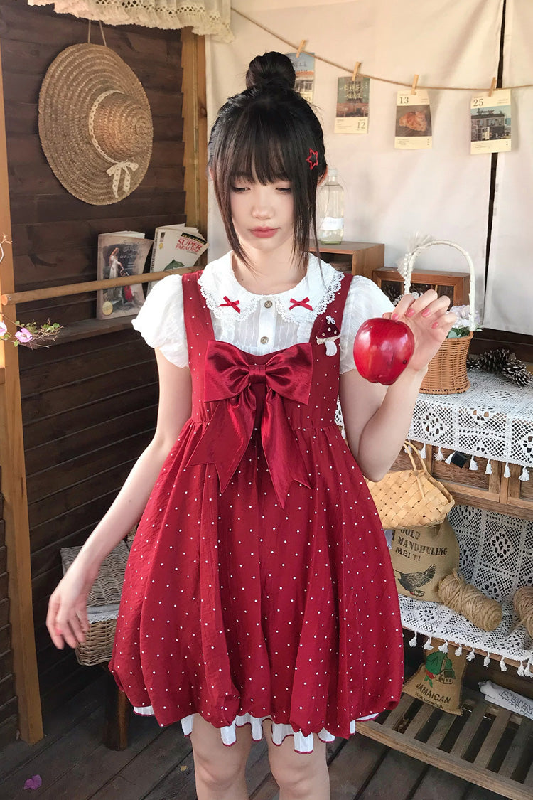 Red [Little Mushroom] Sleeveless Polka Dot Printed Ruffled Bow Sweet Lolita Jsk Dress - Product - 5