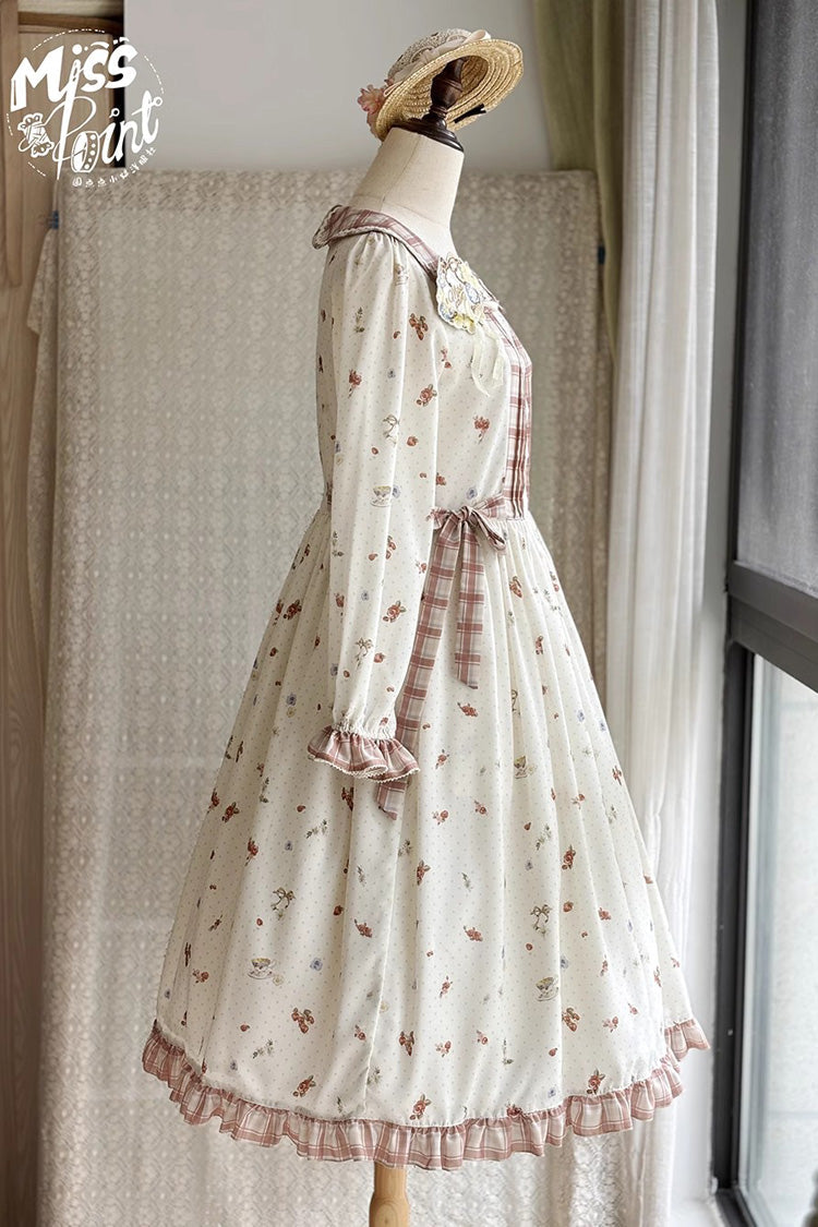 Ivory Round Collar Long Sleeves Print Ruffle Bowknot Sweet Elegant Lolita Dress - Product - 7