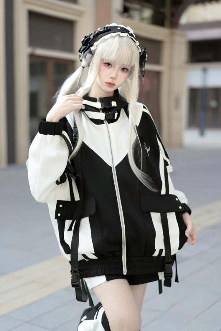 [Wing Light Machinery] Long Sleeves Print Jirai Kei Cool Coat 4 Colors - Black/White - 1