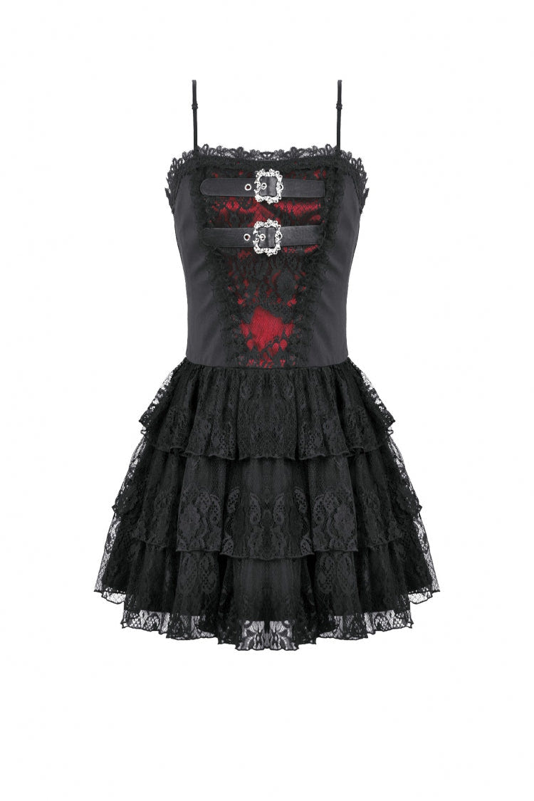 Black/Red Sleeveless Multi-Layered Lace Lace-Up Women's Grunge Cake Slip Dress Graduation Dress - Product - 3