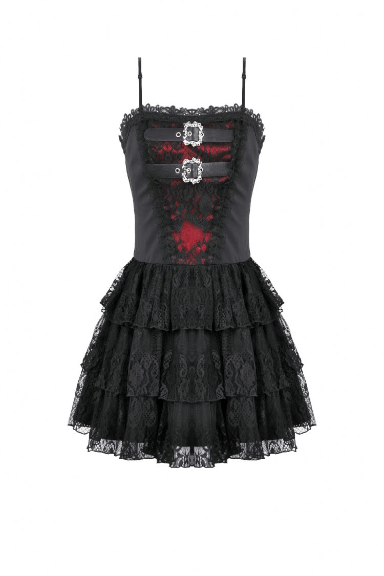 Black/Red Sleeveless Multi-Layered Lace Lace-Up Women's Grunge Cake Slip Dress Graduation Dress - Product - 3