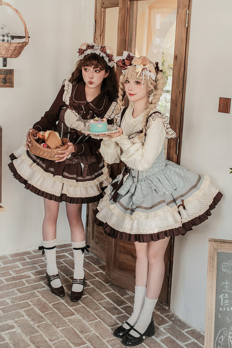 Sweet Square Collar Sleeveless Multi-Layered Printed Ruffled Bow Fishbone Lolita Dress 2 Colors (Mint Green, Chocolate Brown) - Product - 4