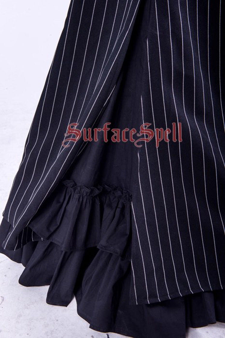 Black [Lorelei] Double-Layered Striped Print Ruffle Gothic Elegant Lolita Mermaid Maxi Skirt - Product - 7