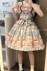 [Little Mouse Strawberry Cake] Sleeveless Printed Ruffled Bow Lace Sweet Lolita Jsk Dress 3 Colors - Product - 2