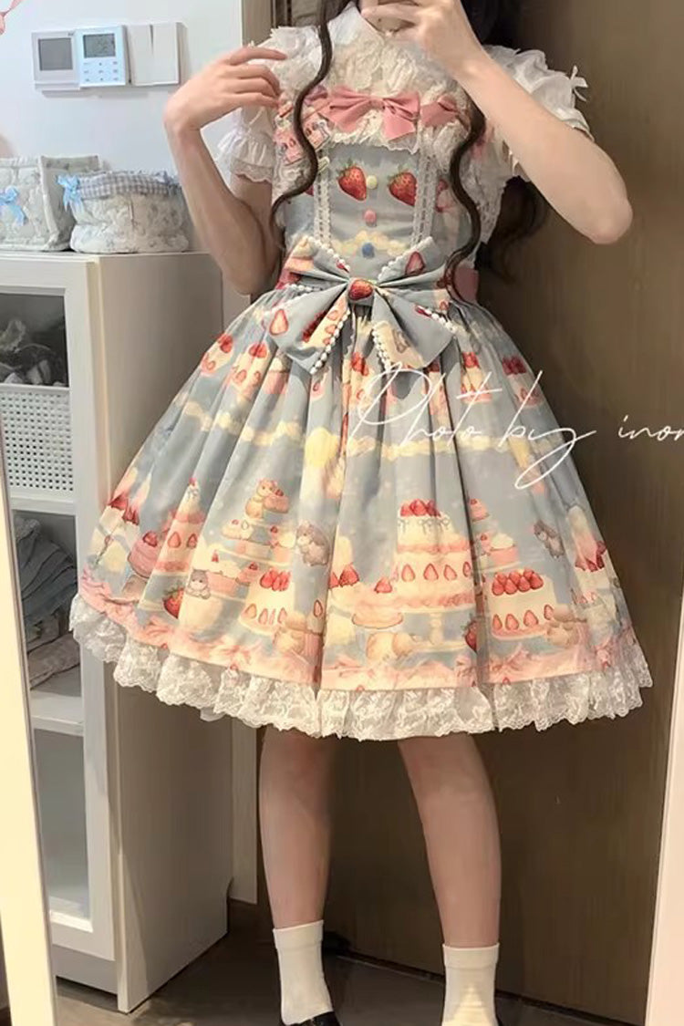 [Little Mouse Strawberry Cake] Sleeveless Printed Ruffled Bow Lace Sweet Lolita Jsk Dress 3 Colors - Product - 2