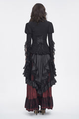 Black Stand Collar Trumpet Sleeves Ruffle Embroidery Lace Women's Gothic Blouse - Product - 4