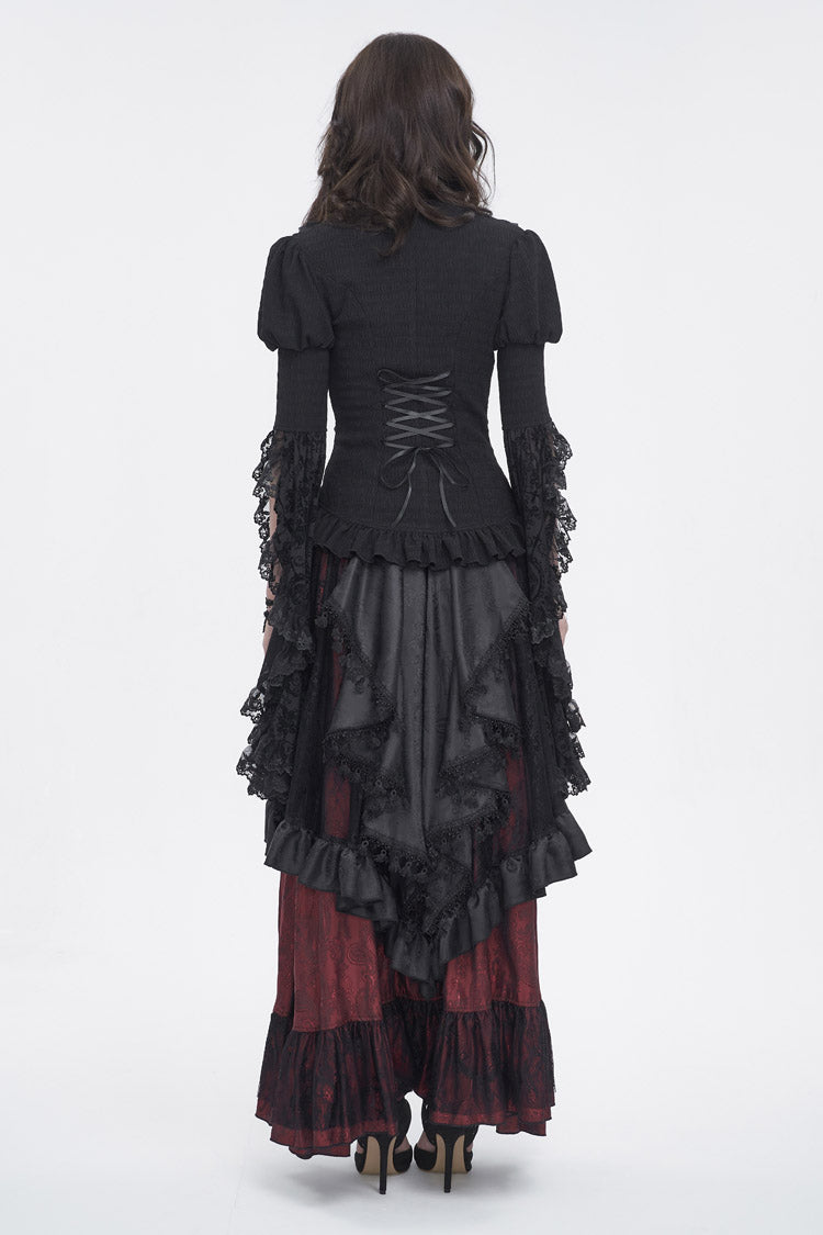 Black Stand Collar Trumpet Sleeves Ruffle Embroidery Lace Women's Gothic Blouse - Product - 4