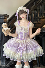 Purple [Dreaming Butterfly] Multi-Layered Jacquard Ruffle Bowknot Lace Sweet Princess Lolita Jsk Dress - Product - 4