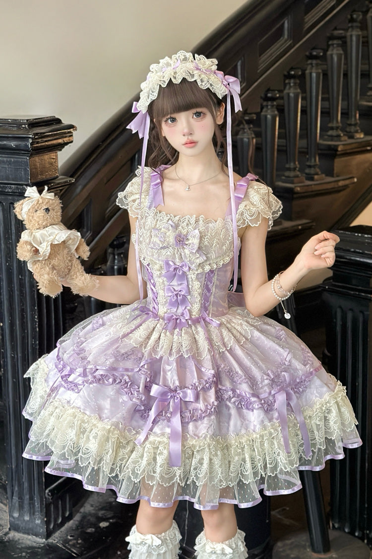 Purple [Dreaming Butterfly] Multi-Layered Jacquard Ruffle Bowknot Lace Sweet Princess Lolita Jsk Dress - Product - 4
