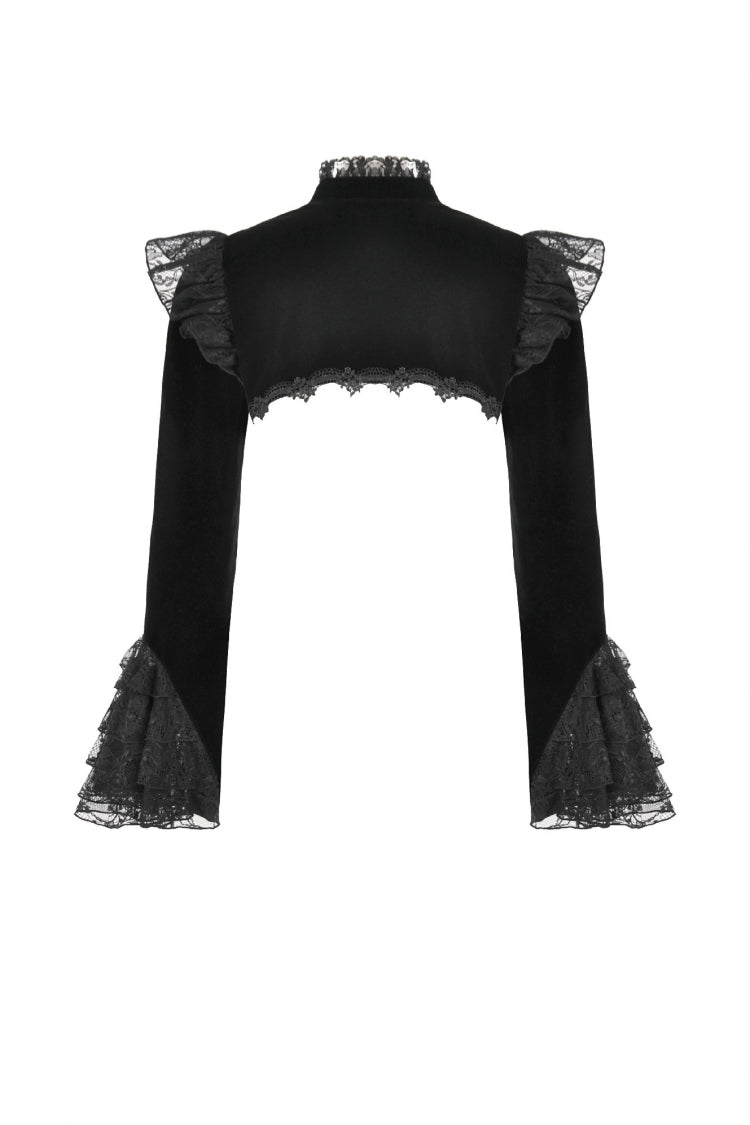 Black Stand Collar Long Flared Sleeves Lace Spliced Velvet Women's Gothic Cape - Product - 13