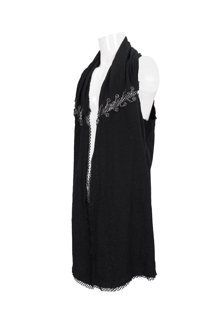 Black Aluminum Chain Stitching Design Distressed Cotton Linen All Seasons Men's Punk Vest - Product - 8