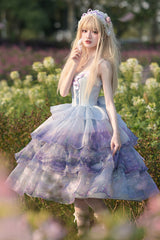Multi-Color Three-layer Swan Lake Print Oil Painting Ruffle Bowknot Sweet Lolita Jsk Dress - Product - 8
