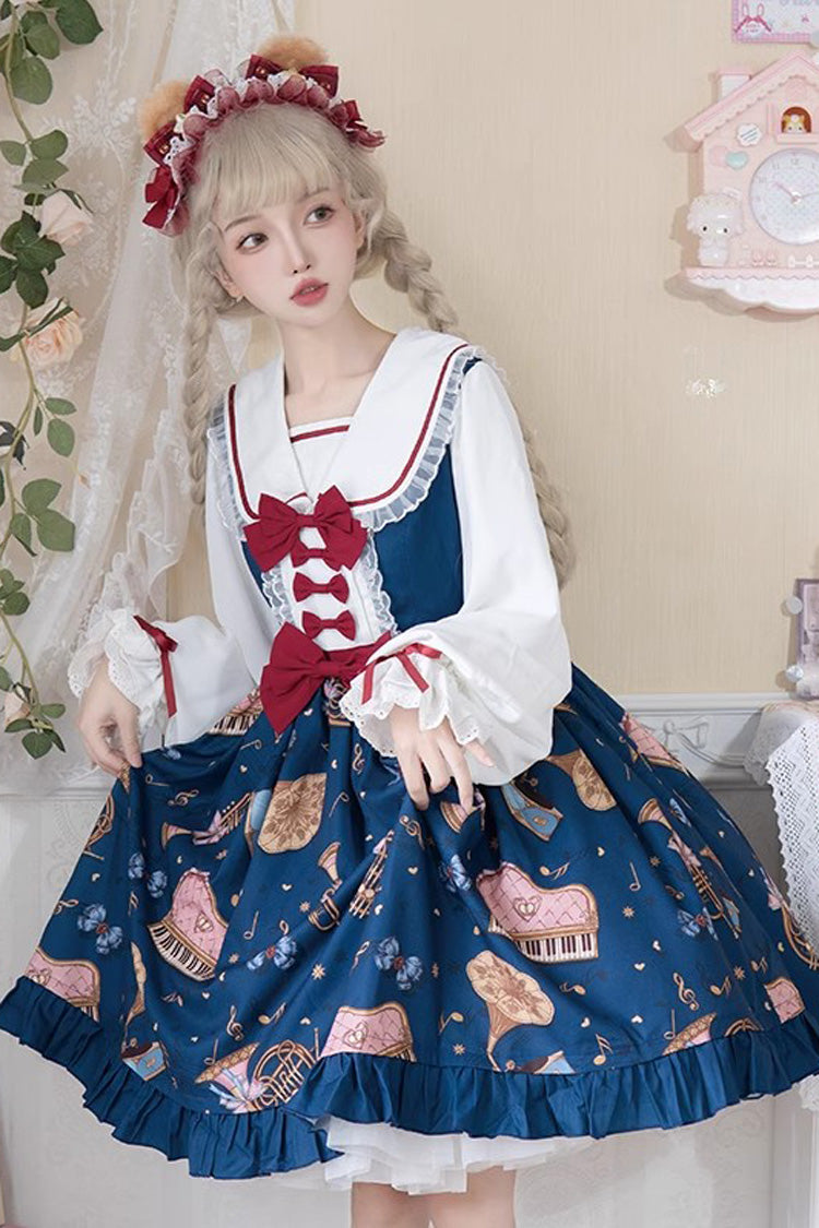 Bear Band Long Sleeves Print Ruffle Bowknot Lace Sweet Elegant Princess (Dress Only) front view