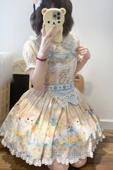 Yellow [Pineapple Cat] Print Sleeveless Bowknot Lace Sweet Lolita Strap Dress - Product - 2