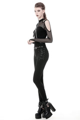 Black Off Shoulder Long Sleeves Mesh Crossed Harness Straps Eyelet Sexy Women's Punk Top - Product - 2