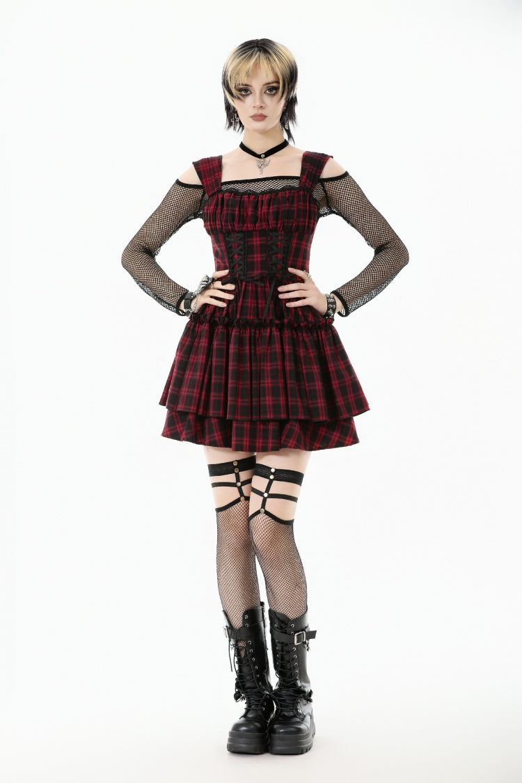 Red/Black Sleeveless Layered Plaid Ruched Women's Cake Dress Graduation Dress - Product - 2