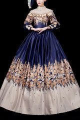 Blue Court Style High Waisted Half Sleeves Victorian Lolita Prom Dress - blue - 1