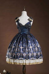 Blue/White [Stone of Eden] Triple-Layered Print Ruffle Hot Stamping Cardigan Bowknot Lace Elegant Sweet Lolita Jsk Dress - Product - 4