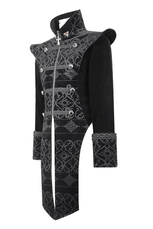 Black High Collar Chinese Palace Floral Pattern Velvet Long Mens Gothic Coat - Product - 5