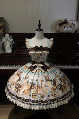 [Chocolate Cake Party] Square Collar Sleeveless Printed Ruffled Bow Daily Sweet Lolita Jsk Dress 2 Colors - Product - 3