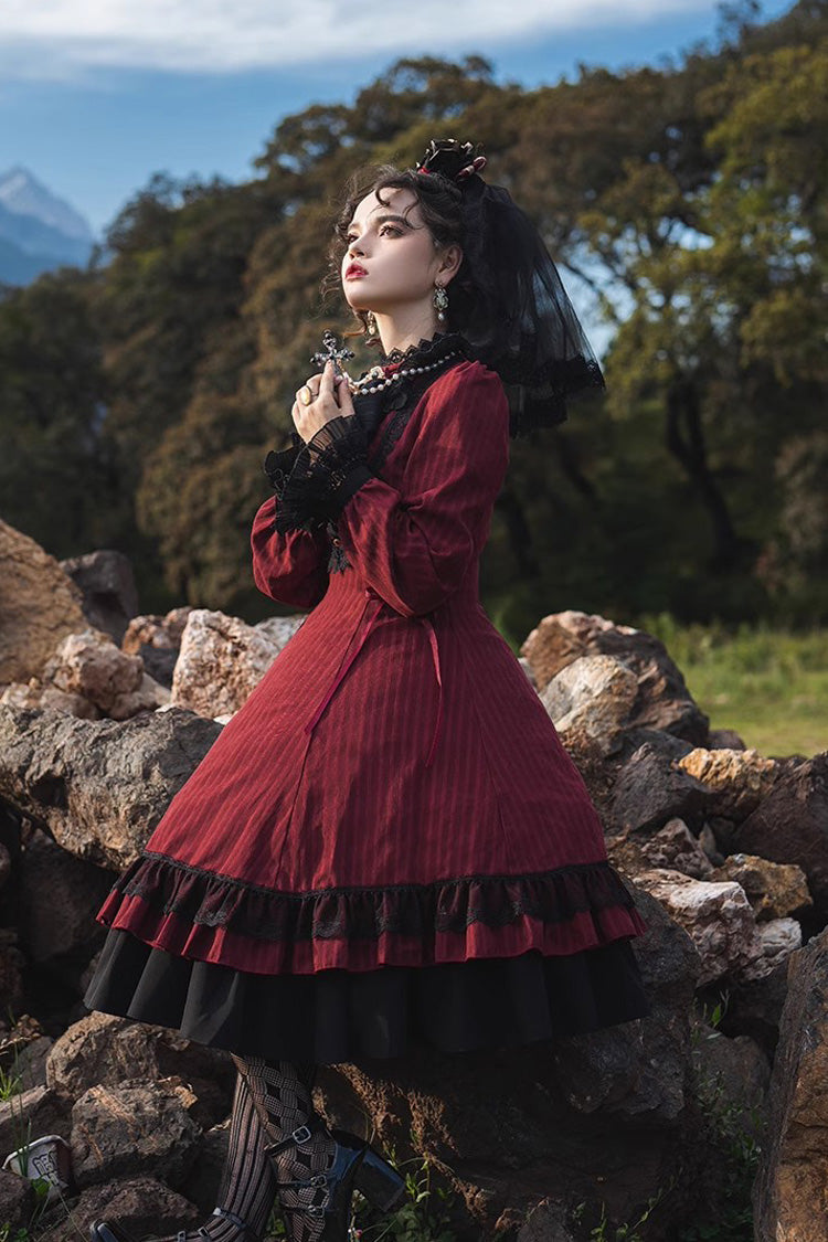 Point Manor Solid Color Stand Collar Long Sleeves Multi-layer Ruffle Gothic Lolita Dress 5 Colors - Product - 6