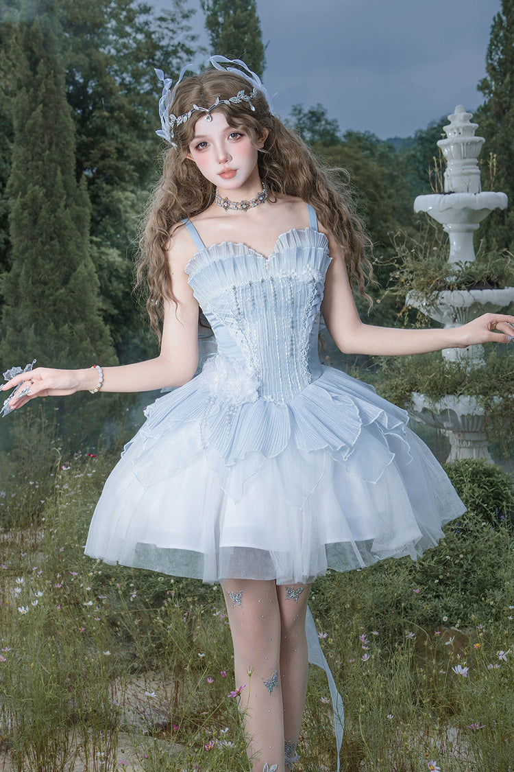 Blue [Spirit in the Mist] Square Collar Sleeveless Ruffled Pearl Detail Sweet Elegant Lolita Jsk Dress - Product - 4