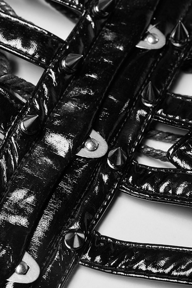 Black Faux Leather Strips Lace-Up Women's Steampunk Girdle - Product - 8