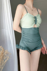 Green Ruffle Color Matching Sweet Lolita One Piece Swimsuit - Product - 2
