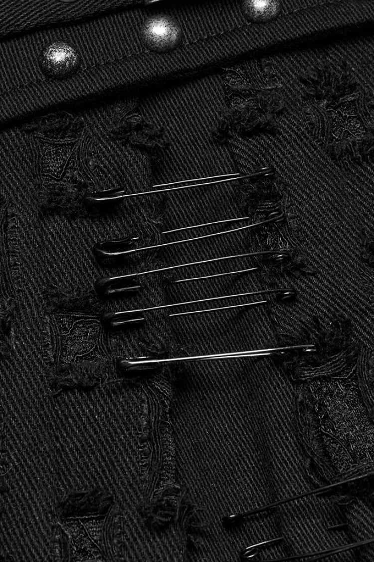 Black Ripped Asymmetric Studded Women's Punk Denim Skirt - Product - 8